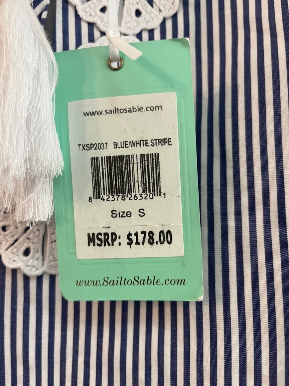 Sail to Sable chambray blue & white striped dress. Crochet trim. NWT. Size small - Picture 6 of 7